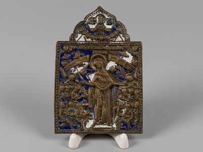 Старообрядческая икона. Всех скорбящих радость. XIX в. Медная пластика, две эмали. Размер 11 