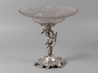Модерн. Фруктовница. Мальчик со стеблем. Монограмма "МАЕ". 1900. Хрусталь, бел. металл. Общий 