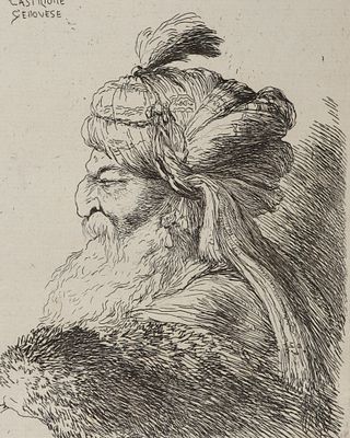Кастильоне Дж. Б. Портрет старика в чалме. XVII век. Бумага верже, офорт, сухая игла. Размер 