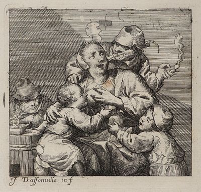 Дассонвиль Ж. Кормящая мать в таверне. XVII век. Бумага верже, офорт. Размер листа 18х11 см. 