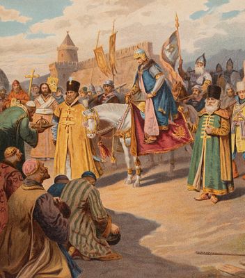 Коровин П. (по оригиналу) Взятие Казани Иоанном Грозным в 1552 г. Хромолитография из издания 