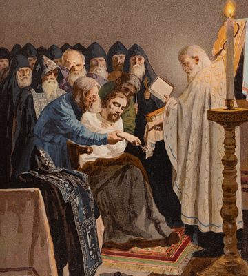 Крамской И. Н. (по оригиналу) Александр Невский принимает схиму. Хромолитография с картины для 