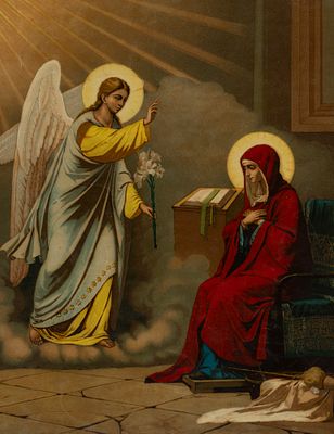 Благовещение Пресвятой Богородицы. Хромолитография Е. И. Фесенко в Одессе. 1892. Размер листа 