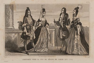 Костюмы конца правления короля Людовика XIV (1710). 1850-е гг. Бумага, гравюра на стали. Размер 