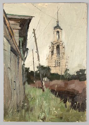 [После выставки] Кундышев К. В. Колокольня в лесах днем. Этюд. 1980-е гг. Картон, масло. Размер 