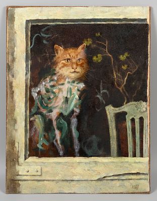 [После выставки] Кундышев К. В. Кот в окне. 1998. Холст на оргалите, масло. Размер 43х33 см. Хор 