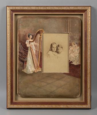 Рама составная. Арфистка и дамы. 1899. Роспись по шелку, акварель. С фотографией неизвестных 