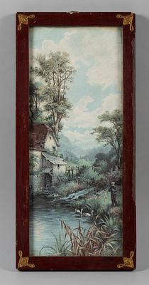 [Модерн] Рама с хромолитографией. Вид на мельницу и ручей. Начало XX века. Дерево, латунь 