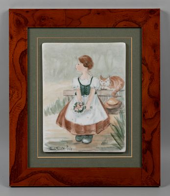 Сойхту П. (Paula Soihtu) Девочка с котом. Финляндия, 1998. Роспись по фарфору, дерево, картон. 