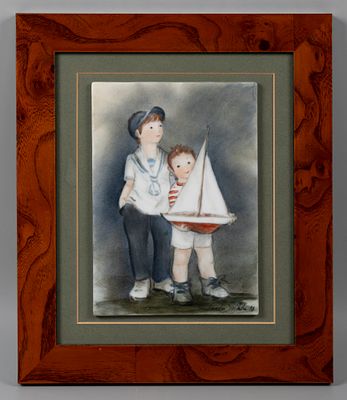 Сойхту П. (Paula Soihtu) Мальчики с парусником. Финляндия, 1998. Роспись по фарфору, дерево 