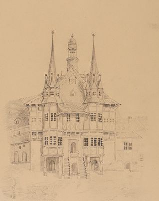 Н/х. Особняк с двумя башнями. Рубеж XIX - XX вв. Бумага, графитный карандаш. Размер листа 23 