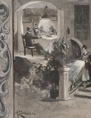 Скиргелло А. Б.[по подписи] В гостиной. Начало XX века. Картон, тушь, белила. Размер 12,5х9,5 см. 