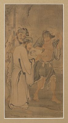 Н/х. Художник изображает кота, путник и мудрец с жабой на голове. Япония, XIX век(?). Бумага 