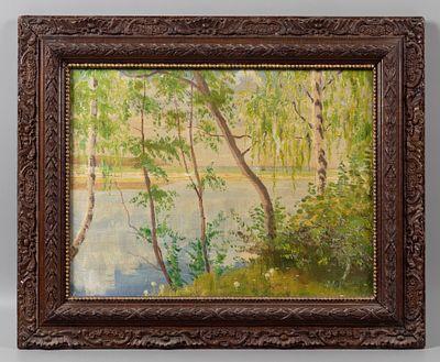 Н/х. Роща у реки. XIX в. Холст, масло. Размер по раме 36х45 см. Условно хорошее состояние. 