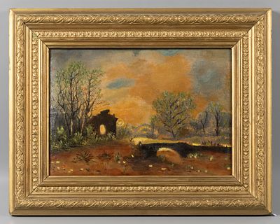 Н/х. Вечерний мостик. XIX в. Холст, масло. Размер по раме 42х33 см. Хорошее состояние. Следы 