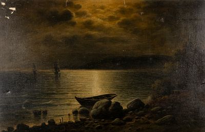 Н/х. Лодка у побережья лунной ночью. Конец XIX - начало XX века. Холст на картоне, масло. 