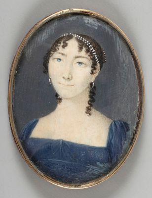 Миниатюра. Портрет дамы в синем платье. Начало XIX века. Зап. Европа. Кость(?), акварель 