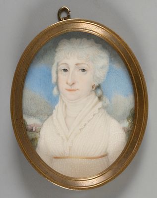 Миниатюра. Портрет дамы в белом платье. Начало XIX века. Зап. Европа. Кость(?), акварель 