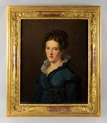 [Из коллекции вдовы художника А. Ф. Петерса] Н/х. Портрет дамы в синем платье. Вторая половина 