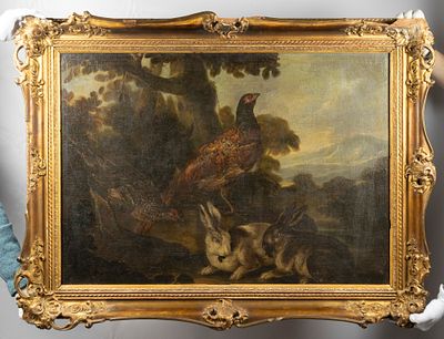 Н/х. Охотничий сюжет. Пейзаж с фазанами и зайцами. Вторая половина XIX века. Холст, масло. 