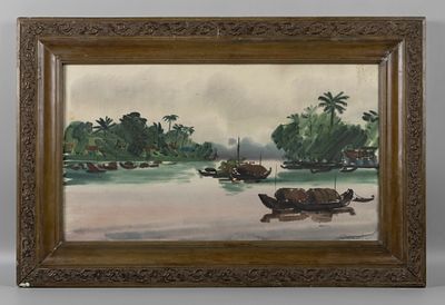 Соколов (?). Южноазиатский пейзаж. Вид на лодки. Первая четверть XX века. Бумага, акварель. 