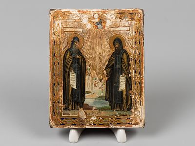 Икона. Сергий и Герман Валаамские Чудотворцы. Нач. ХХ в. Дерево, левкас, темпера, золочение. Раз 