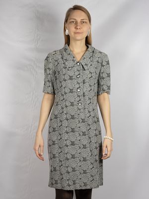 Платье. Серое с цветочным узором и с коротким рукавом. Ателье Ленинград Одежда. 1970-е. 