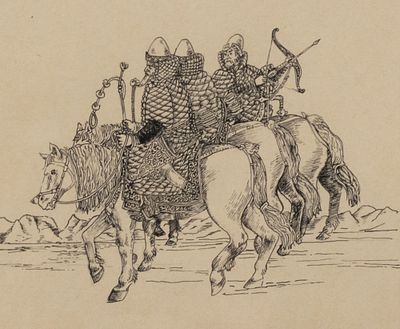 Русская конница. Рисунок с гравюры С. Герберштейна. Начало - перв. четв. XX века. Бумага, тушь 