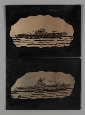 Катасинович А. Ю. Два корабля. 1932. Бумага, акварель, тушь. Размер 10х14 см. Хорошее 