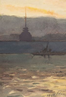 Ротач А. Л. Закат у Петропавловской крепости. 1939. Бумага, гуашь, акварель, белила. Размер 23 