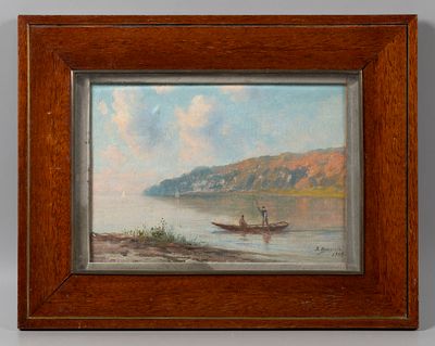Белоусов И. В. [по подписи] Двое в лодке на фоне холмов. 1904. Холст на картоне, масло. Размер 