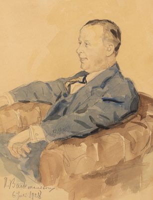 Бакмансон Г. К. Портрет мужчины в кресле. 1928. Бумага, акварель. Размер по раме 44х36 см. Хорош 