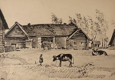 Каплун А. В. Вид на коровник. 1920-е гг. Бумага, тушь. Размер 33,5х47,5 см. Условно хорошее 