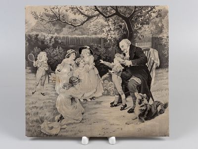 Шелковый гобелен. Игра в прятки. ХХ в. Шелк, картон. Размер 29х26 см. Общее загрязнение. Пятна. 