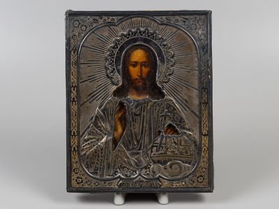 Икона. Спас Вседержитель. Москва, 1869. Дерево, масло, бархат; бел. металл, гравировка гиоше 