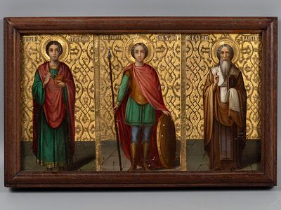 Составной триптих из 3-х икон. Св. Пантелеймон, Св. Георгий и Св. Власий. Рубеж XIX – ХХ в. 