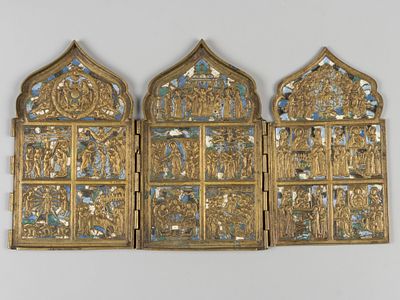 Икона. Складень (3 створки из 4-х). Двунадесятые праздники. Медная пластика, 4 эмали. Размер 