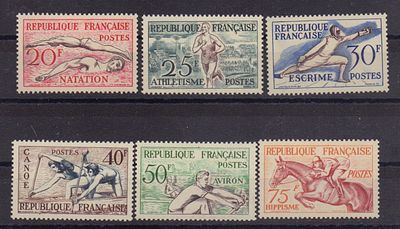 Почтовые марки Франции. Спорт. 1953 г. Мих. №978-983. Негашеные. Состояние *.