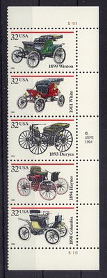 Почтовые марки США. Автомобили. 1995 г. Мих. №2679-2683. Сцепка. Негашеная. Состояние **.
