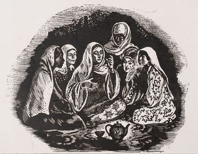 Габе М. Р. Рассказчица легенд. 1950-е гг. Бумага, ксилография. Размер оттиска 12,5х18 см. Хороше 