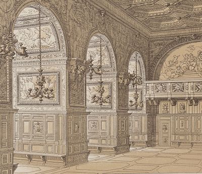 Крон (гравер) Вид зала с арками. Европейский интерьер XVI века. Вторая половина XIX века. 