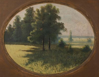Подпись неразборчивая. Сосны на поляне. Конец XIX - начало XX века. Картон, масло. Размер по 