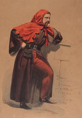 Мужчина в красном капюшоне. Акварель с фотографии В. Каррика(?) 1850. Размер листа 26,5х21 см. Х 