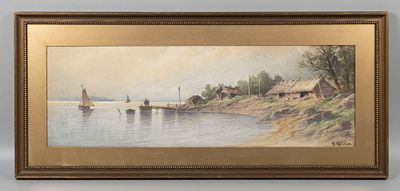 Мюллер Г. Вид на лачугу у пристани. Конец XIX-начало XX вв. Бумага, акварель. Размер по раме 34 