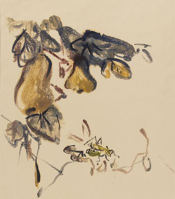 [Гохуа] Ци Байши [предположительно] Кузнечик и груши. Первая половина XX века. Бумага верже 