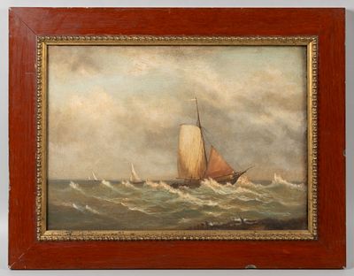 Подпись неразборчивая. Шторм в море. XIX век. Холст, масло. Размер по раме 41х53 см. Размер в 