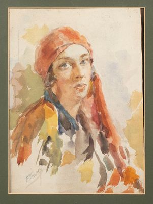 Геллер П. И. [по подписи] Портрет женщины в красной косынке. Первая четверть XX века. Бумага 
