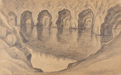 Ротач А. Л. Рускеальские ломки. 1955. Бумага, карандаш, тушь. Размер листа 21,7х34,9 см. Условно 