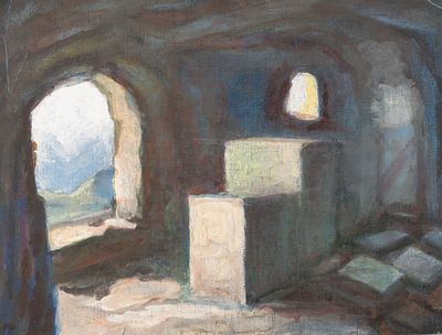 Ротач А. Л. Вид из окна на горы. 1930-е гг. Картон, темпера. Размер листа 27,2х35,5 см. Условно 