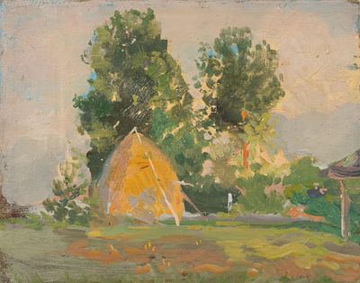 Трескин А. В. В деревне (стог сена). 1936. Картон, масло. Размер 23х28,8 см. Условно хорошее 